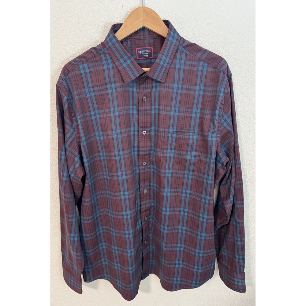 Men's UNTUCKit Wrinkle Free Long Sleeve Plaid Button Up Shirt 2XL Maroon & Navy